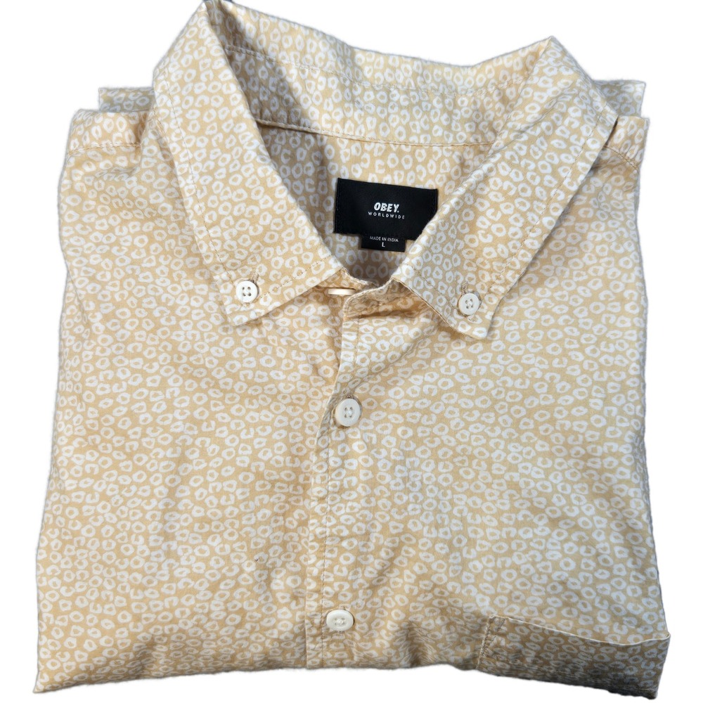 Obey Worldwide Men's  Button up Shirt Short Sleeve Sz L Yellow‎ Amber Geometric
